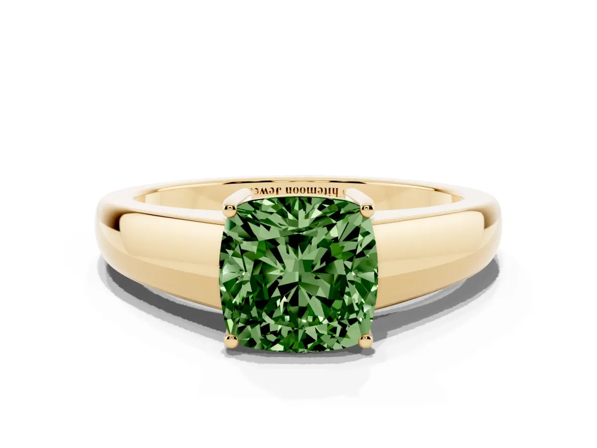 Fancy Green Cushion Cut Solitaire Diamond Ring with Tapered Band and Four-Prong Setting Yellow gold