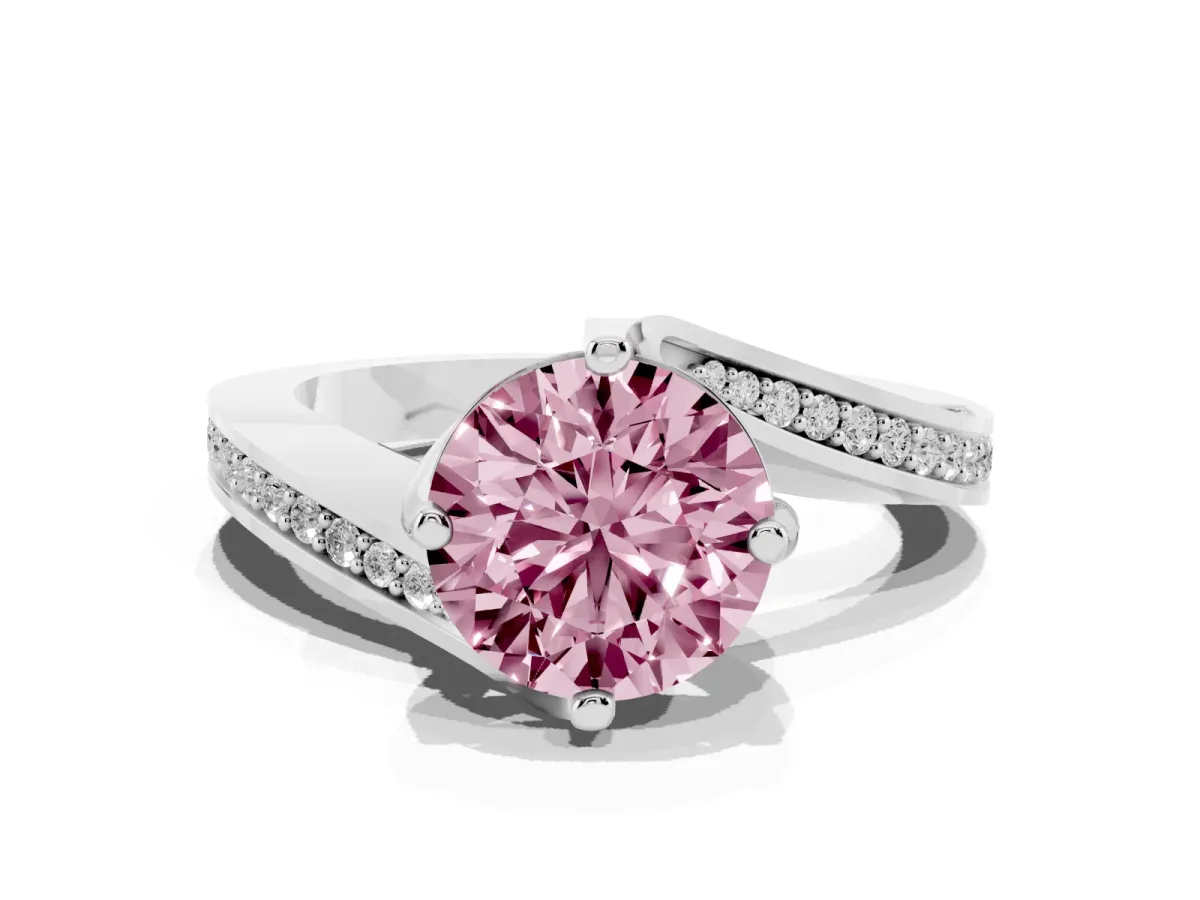 Fancy Pink Round Cut Solitaire Diamond Twist Band with Pavé Setting and Four-Prong Setting Silver