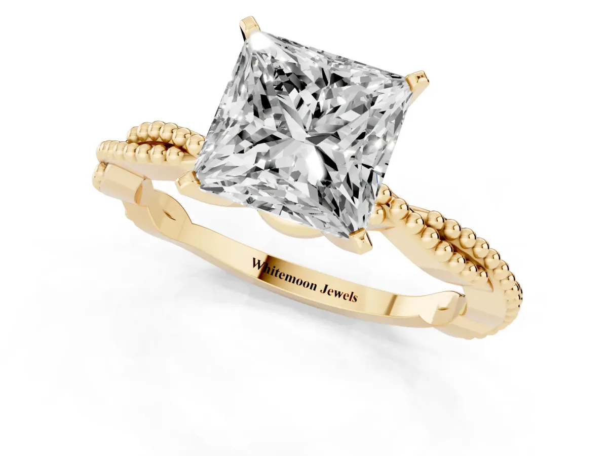 Princess Cut Solitaire Twisted Band with Bead Prong Setting Yellow gold