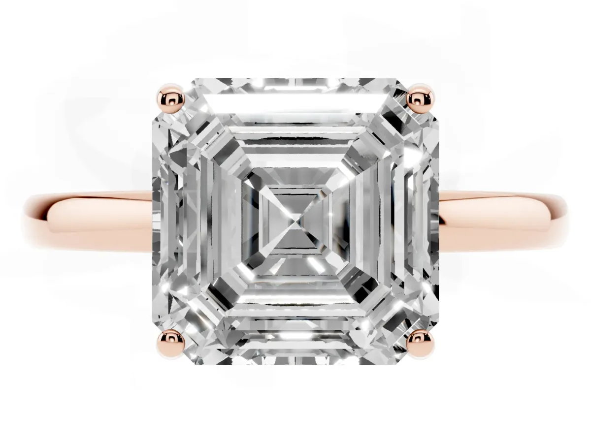 Asscher Cut Solitaire Diamond Ring with Prong Setting and Plain Band Rose gold