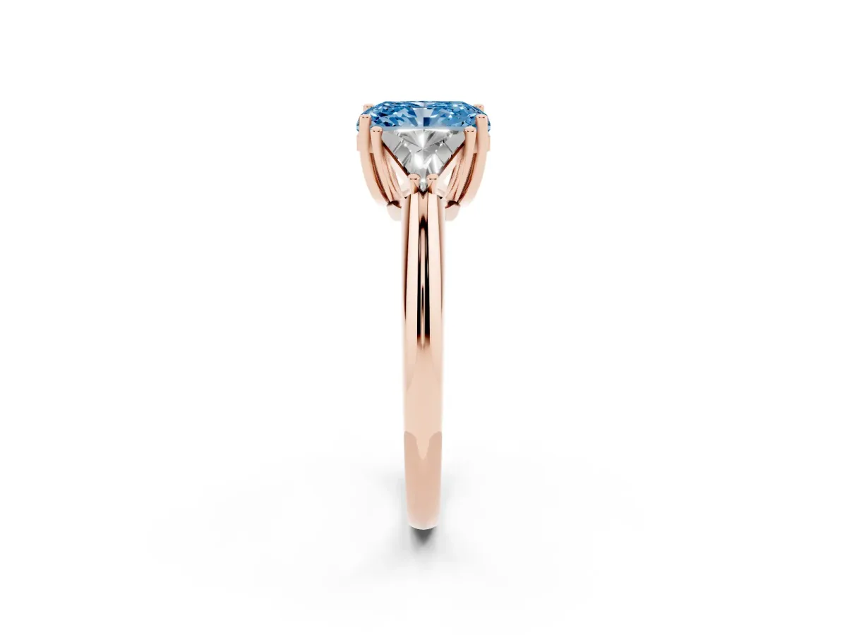 Fancy Blue Three-Stone Radiant Cut Diamond Engagement Ring with Trillion Side Stones and Prong Setting Rose gold