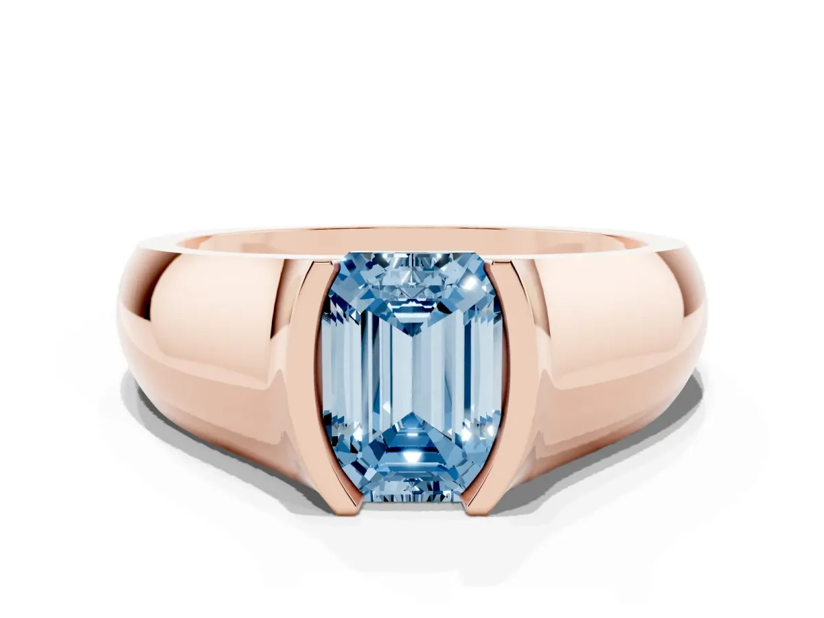 Fancy Blue Emerald Cut Solitaire Bezel Set Diamond Ring with Wide Band Rose gold