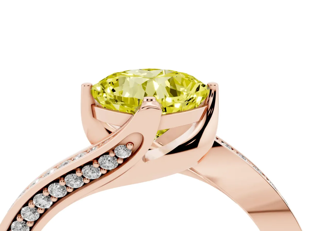 Fancy Yellow Cushion Cut Solitaire Diamond Twist Band with Pavé Setting and Four-Prong Setting Rose gold