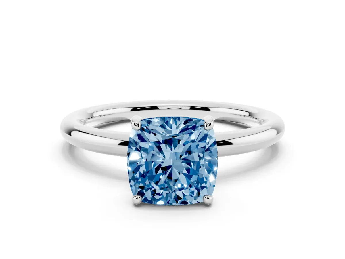 Fancy Blue Cushion Cut Solitaire Diamond Ring with Four-Prong Setting on a Plain Band White gold