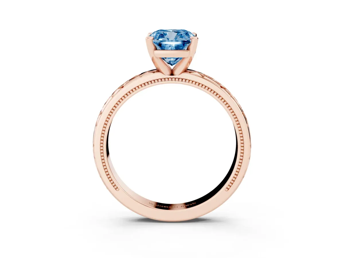 Fancy Blue Cushion Cut Solitaire Engagement Ring with Scrollwork Band and Four-Prong Setting Rose gold