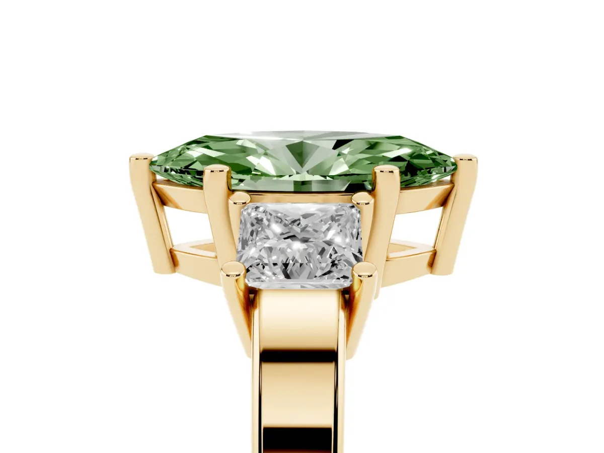 Fancy Green Three-Stone Marquise Cut Cut Solitaire Ring with Prong Setting Yellow gold