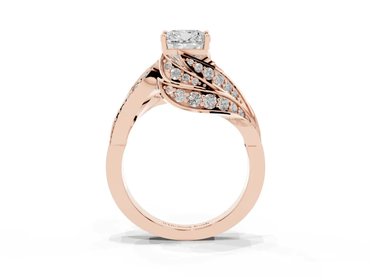 Cushion Cut Diamond Solitaire Ring with Prong Setting and Twisted Pavé Band Rose gold