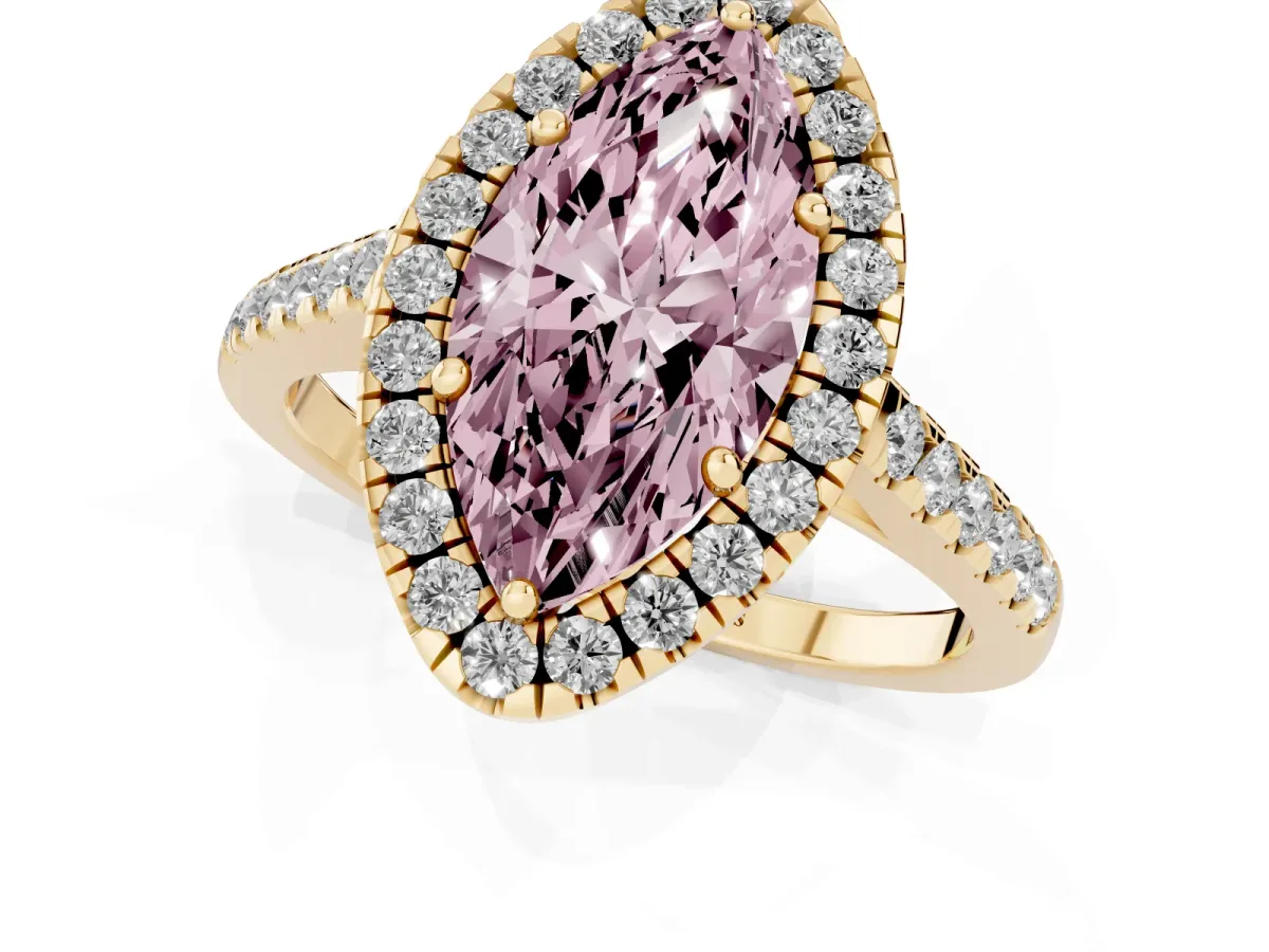Fancy Pink Marquise Cut Halo Pavé Diamond Engagement Ring with Four-Prong Setting Yellow gold