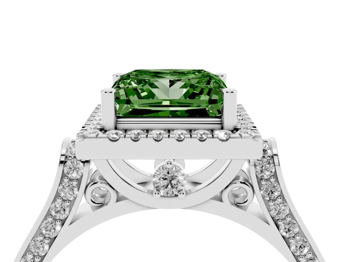 Fancy Green Princess Cut Halo Round Diamond Twist Band with Four-Prong Setting White gold