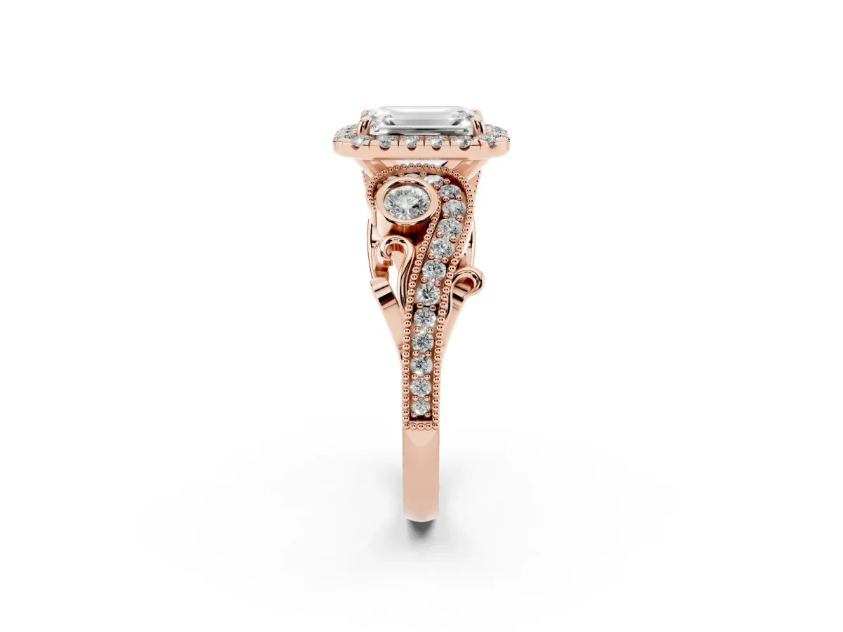 Emerald Cut Halo Diamond Ring with Milgrain and Bezel Accents on a Split Shank Band Rose gold