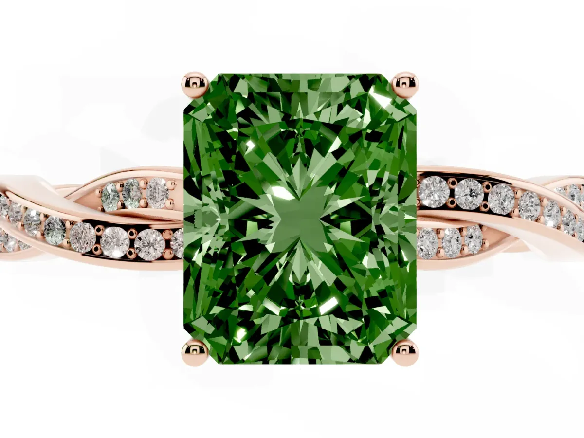 Fancy Green Radiant Cut Solitaire Twisted Pave Diamond Ring with Four-Prong Setting Rose gold