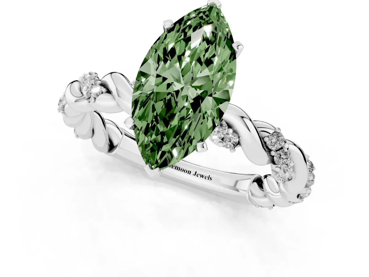 Fancy Green Marquise Cut Diamond Solitaire Ring with Twisted Band and Pavé Accents Silver