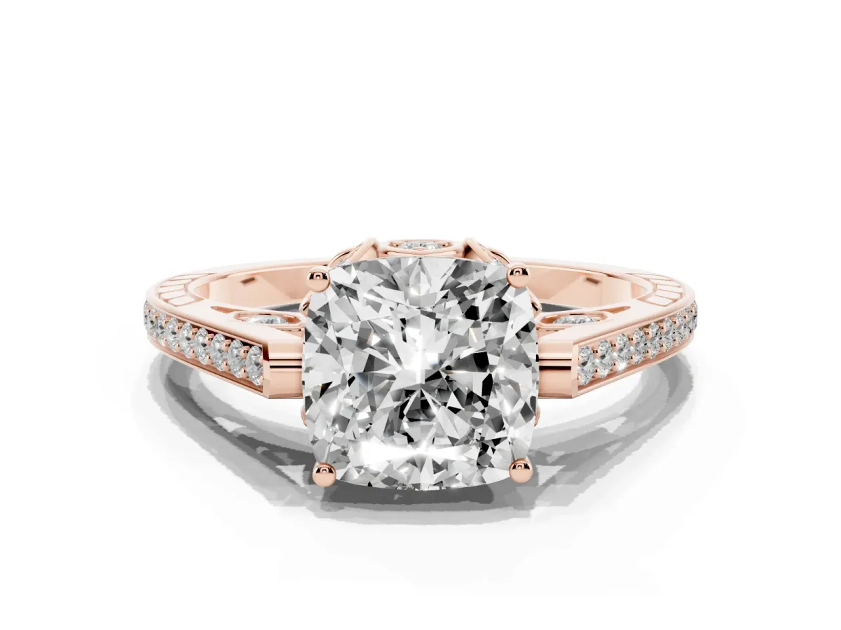 Cushion Cut Cut Cathedral Pave Diamond Engagement Ring with Six-Prong Setting Rose gold