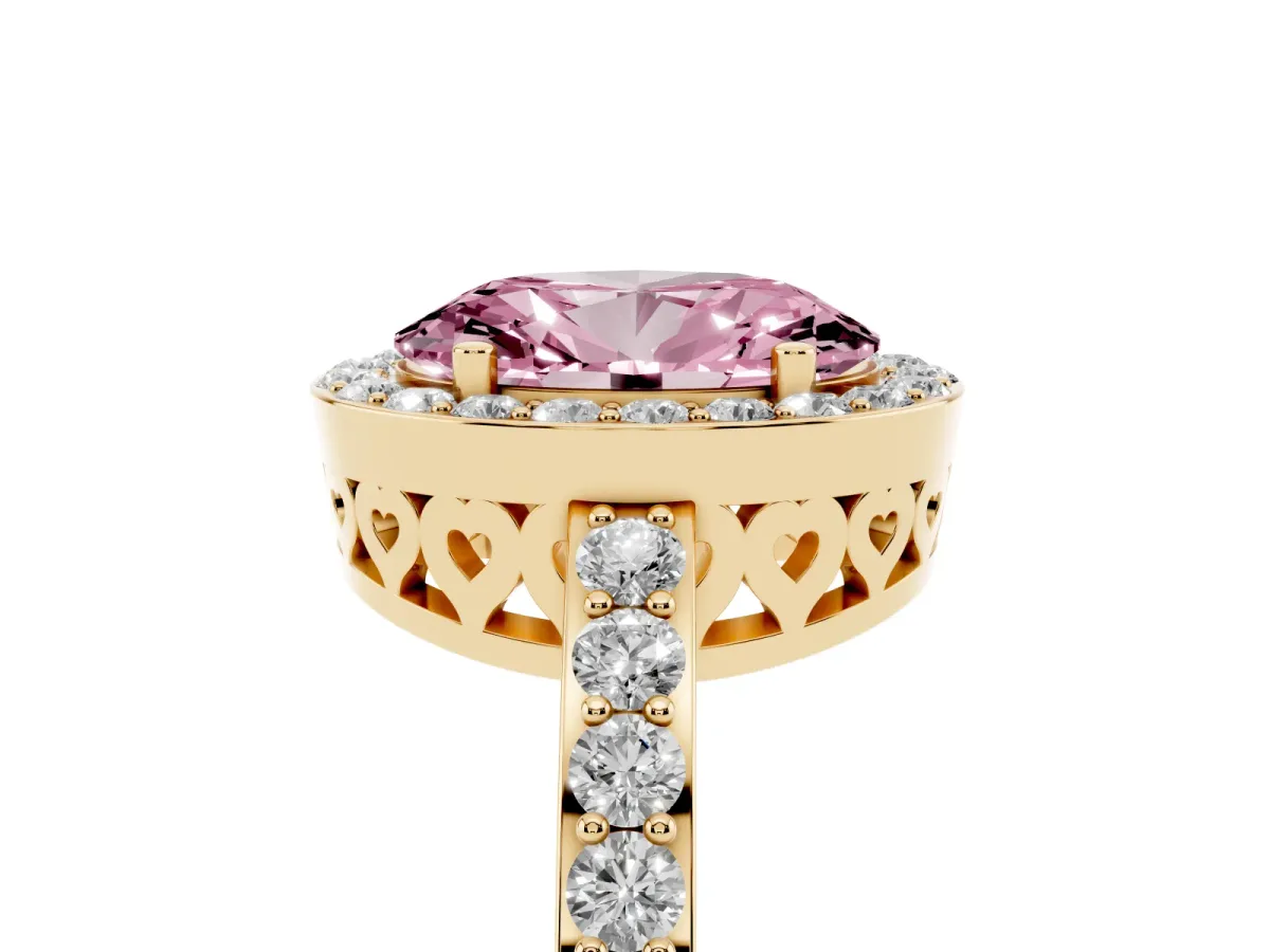 Fancy Pink Oval Cut Halo Diamond Pavé Band Ring with Prong Setting Yellow gold