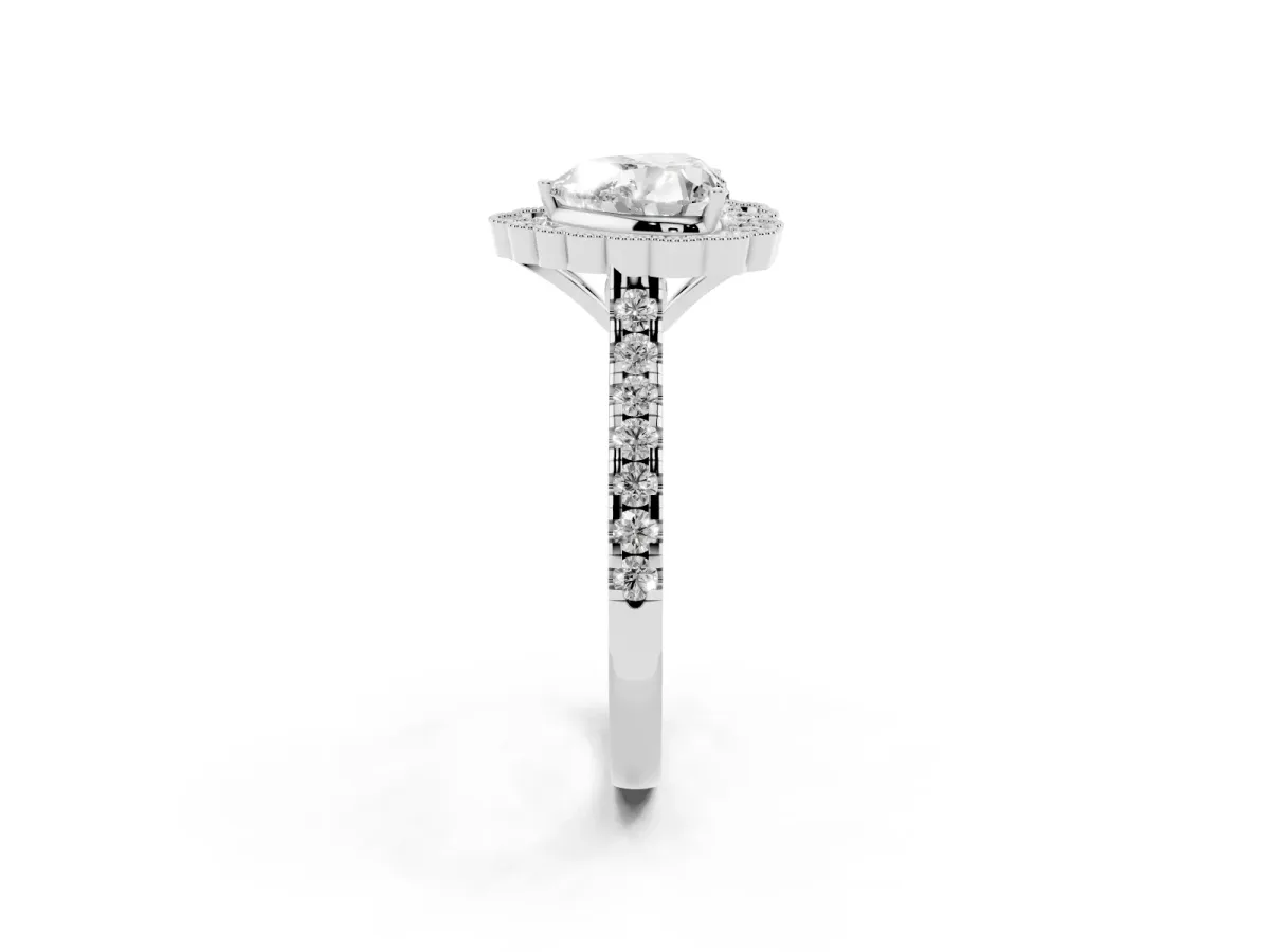Heart Cut Cut Diamond Milgrain Floral Halo Engagement Ring with Pavé Band Silver