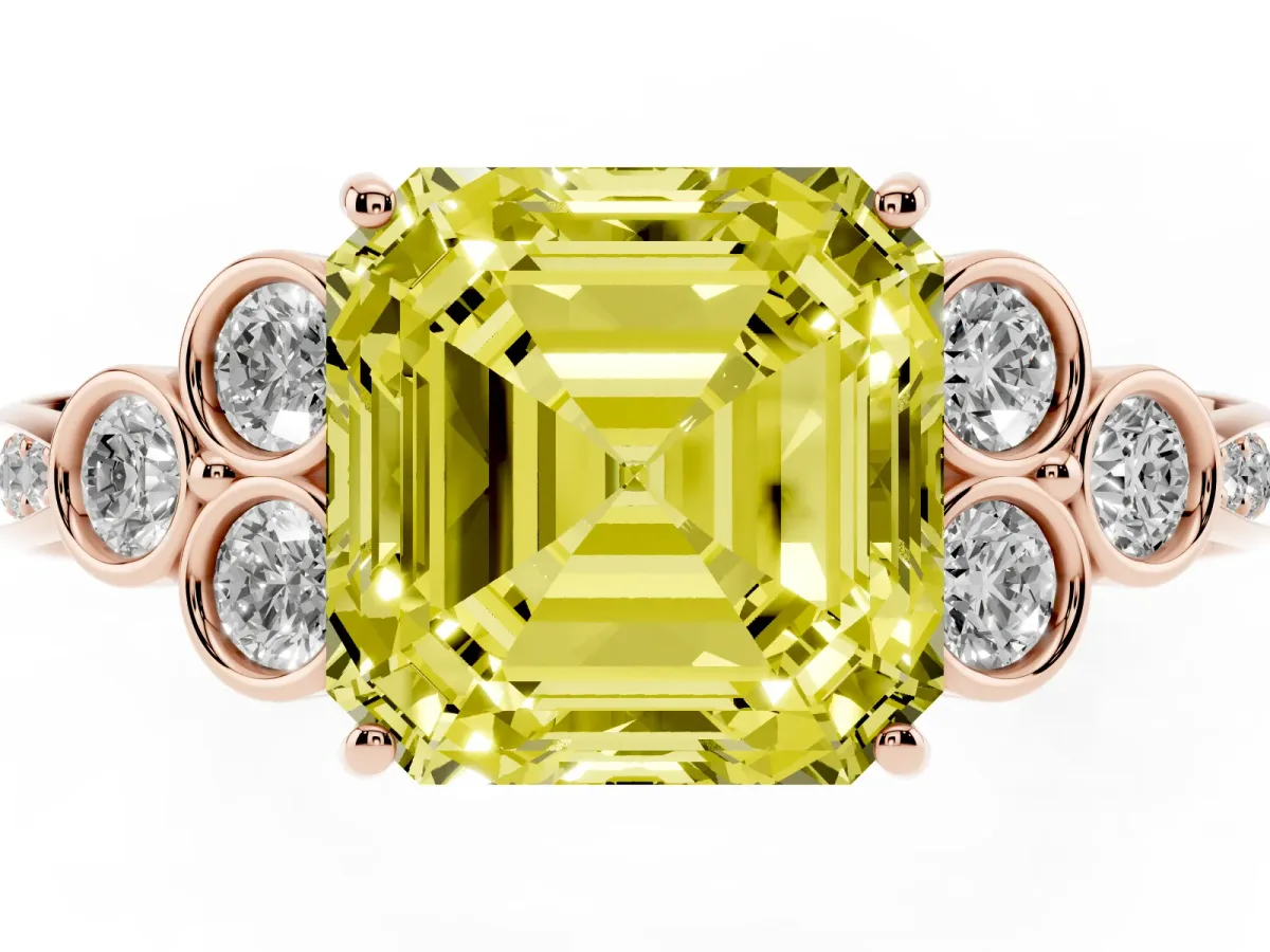 Fancy Yellow Asscher Cut Cut Diamond Engagement Ring with Bezel Set Round Side Stones and Prong Setting Rose gold