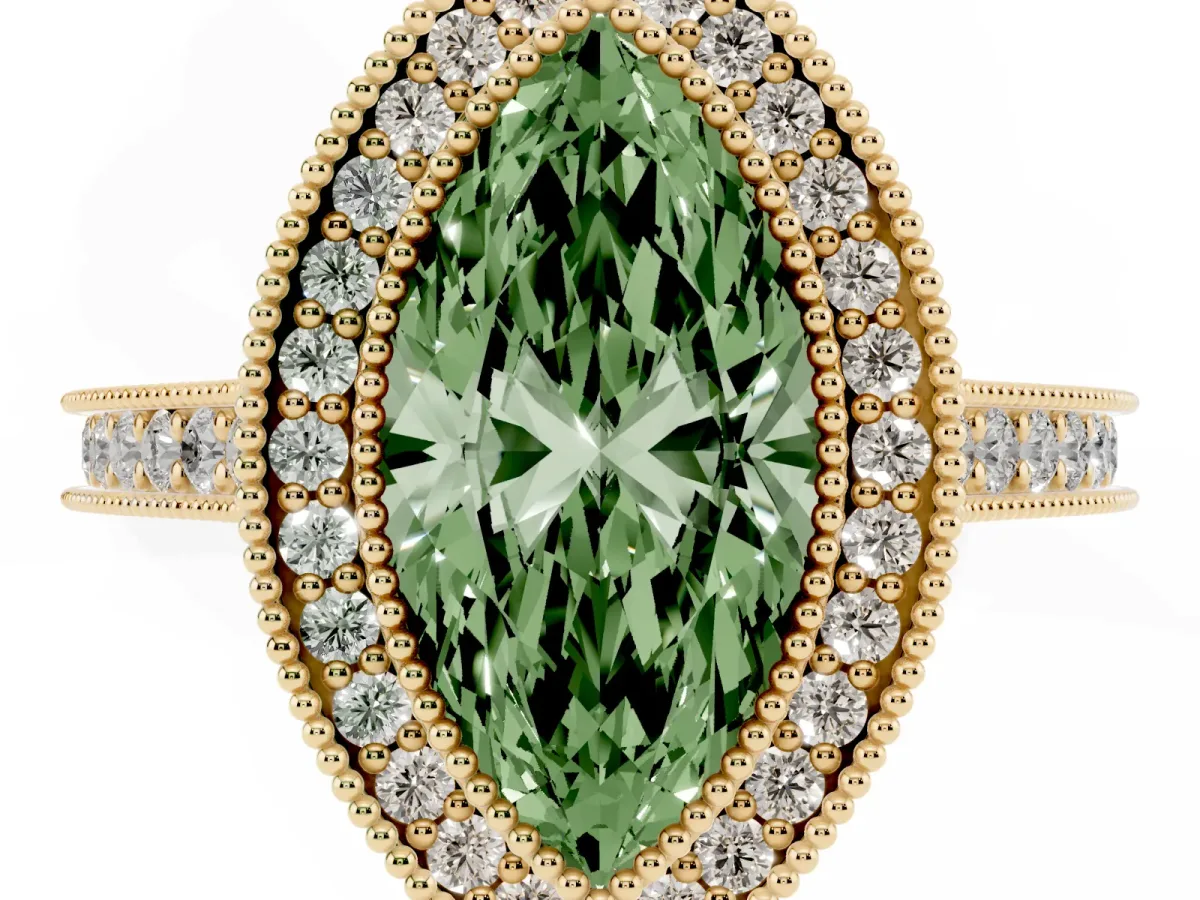 Fancy Green Halo Marquise Cut-Cut Diamond Pave Band Milgrain Prong Setting Ring Yellow gold