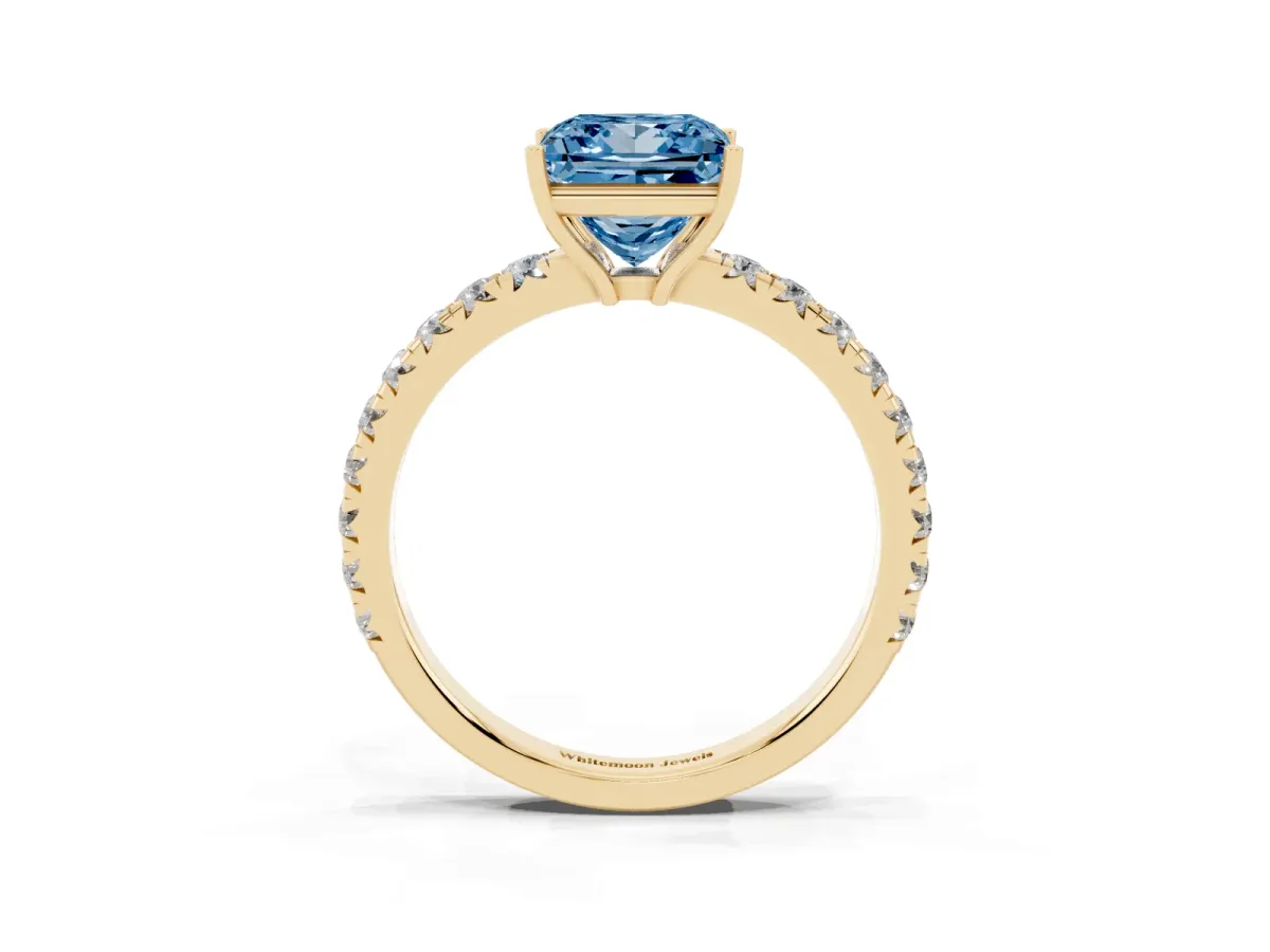 Fancy Blue Princess Cut Diamond Pavé Solitaire Engagement Ring with Four-Prong Setting Yellow gold