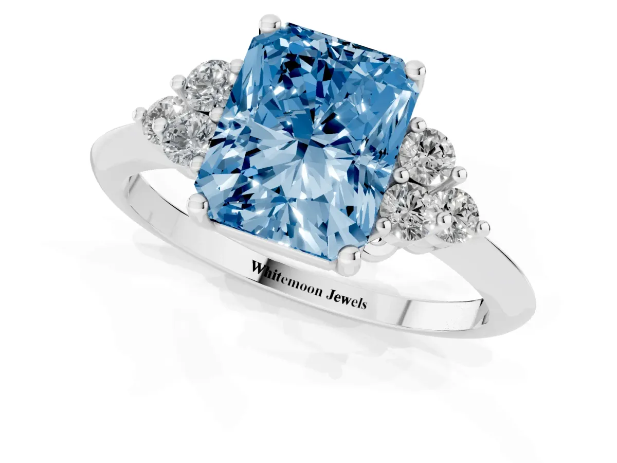 Fancy Blue Radiant Cut Cut Diamond Cluster Ring with Solitaire Band and Four-Prong Setting Silver