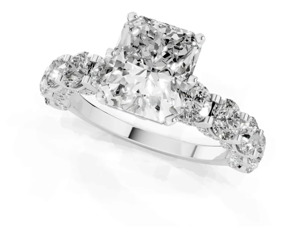 Radiant Cut Diamond Side Stone Engagement Ring with Four-Prong Setting Silver