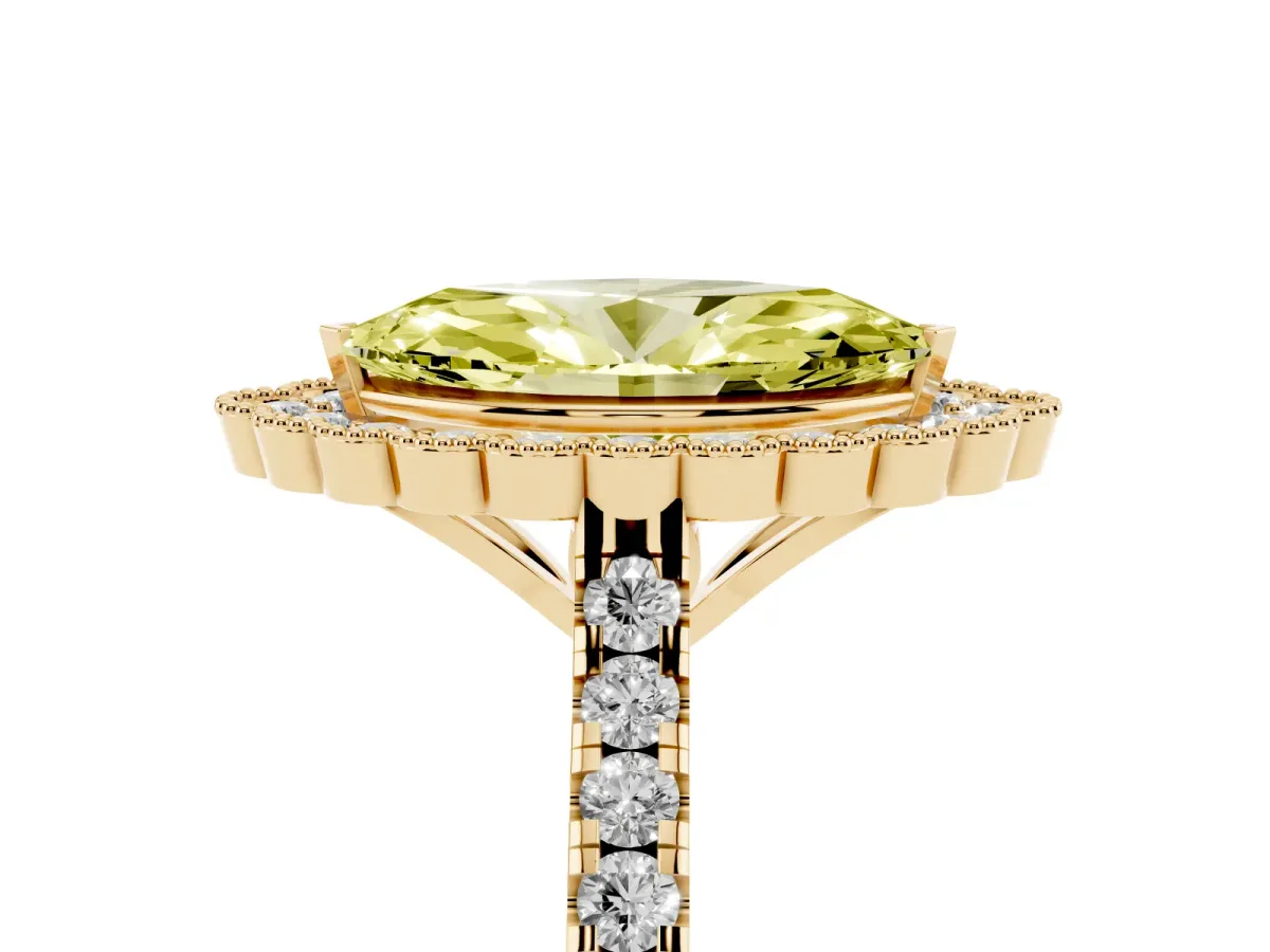 Fancy Yellow Marquise Cut Cut Diamond Milgrain Floral Halo Engagement Ring with Pavé Band Yellow gold