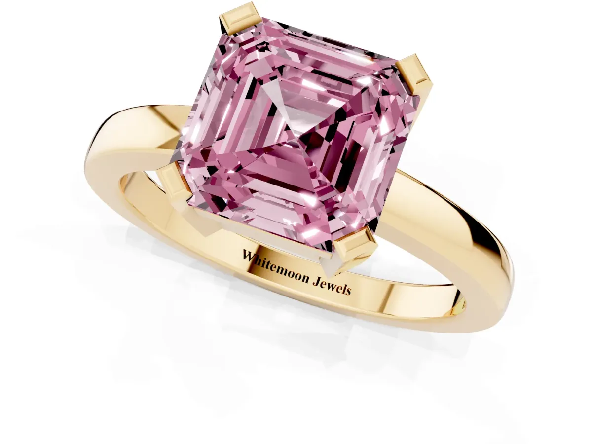 Fancy Pink Asscher Cut Cut Solitaire Ring with Four-Prong Setting and Classic Band Yellow gold