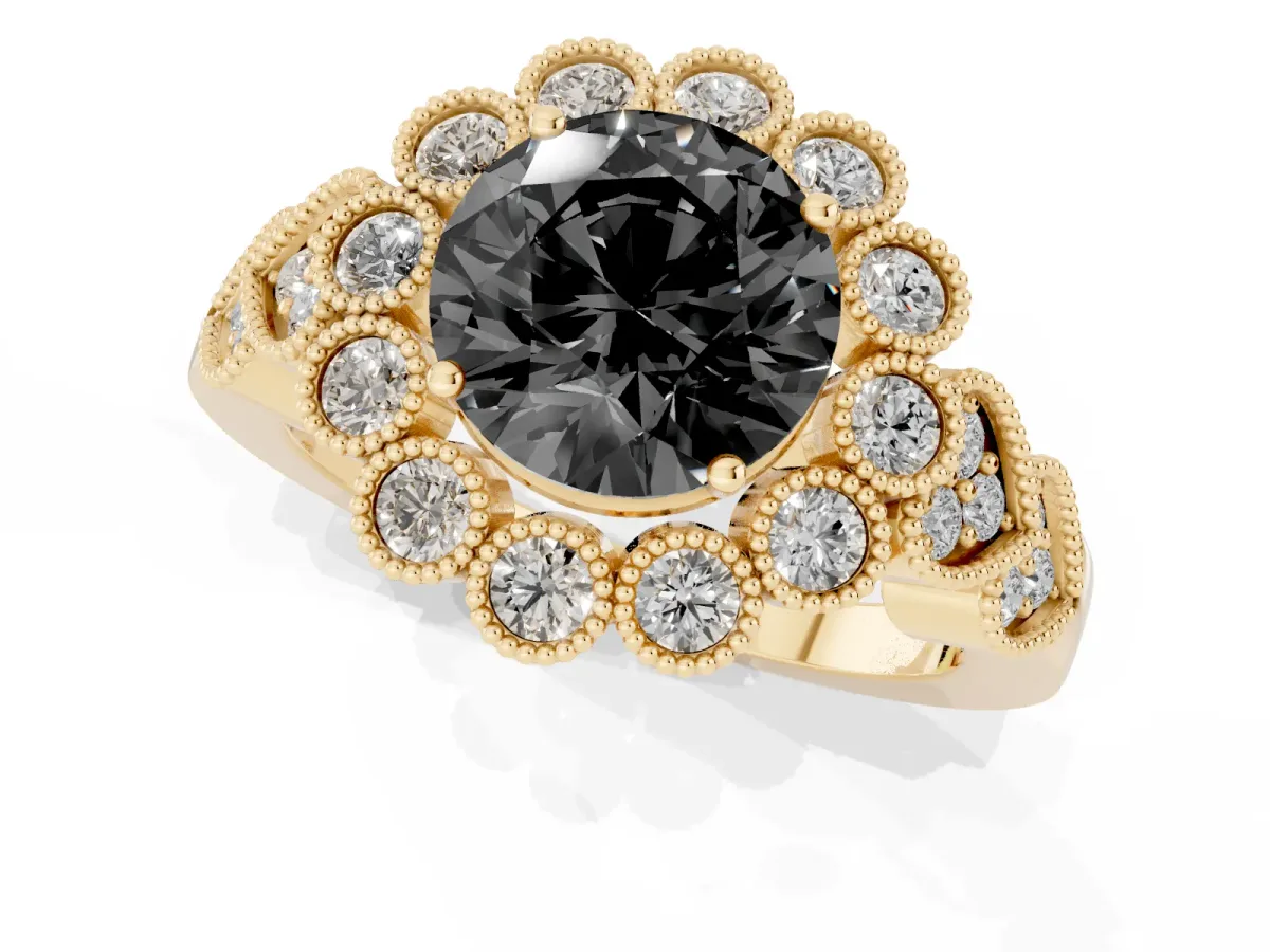 Fancy Black Round Cut Brilliant Milgrain Pave Heart Band Solitaire Ring Yellow gold