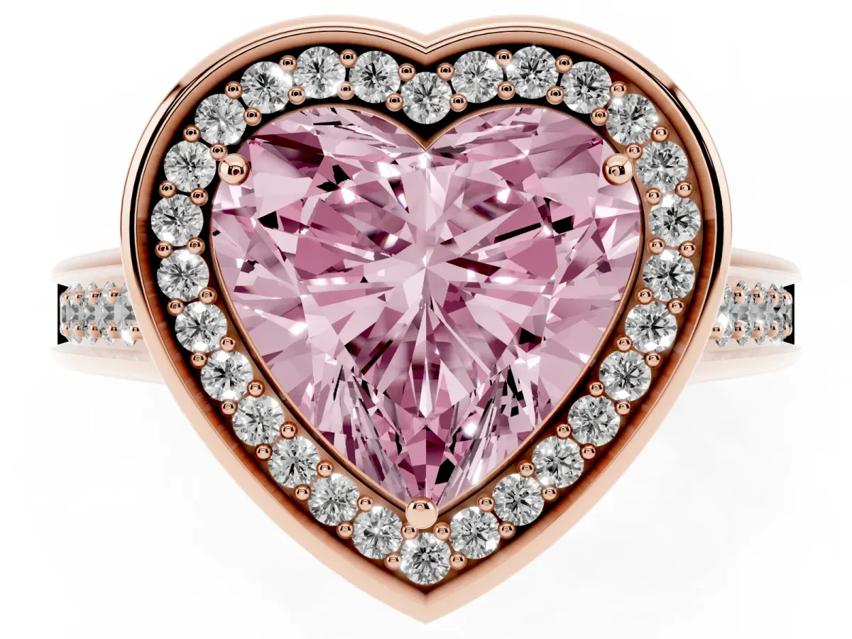 Fancy Pink Heart Cut Halo Solitaire Diamond Ring with Pave Band and Bezel Setting Rose gold