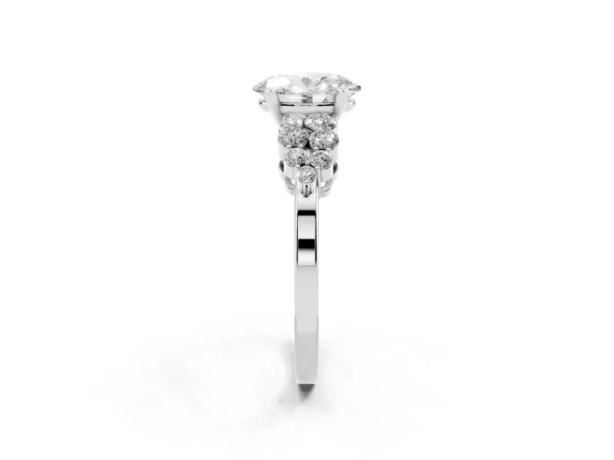 Oval Cut Cluster Diamond Engagement Ring with Pavé Band and Four-Prong Setting Silver