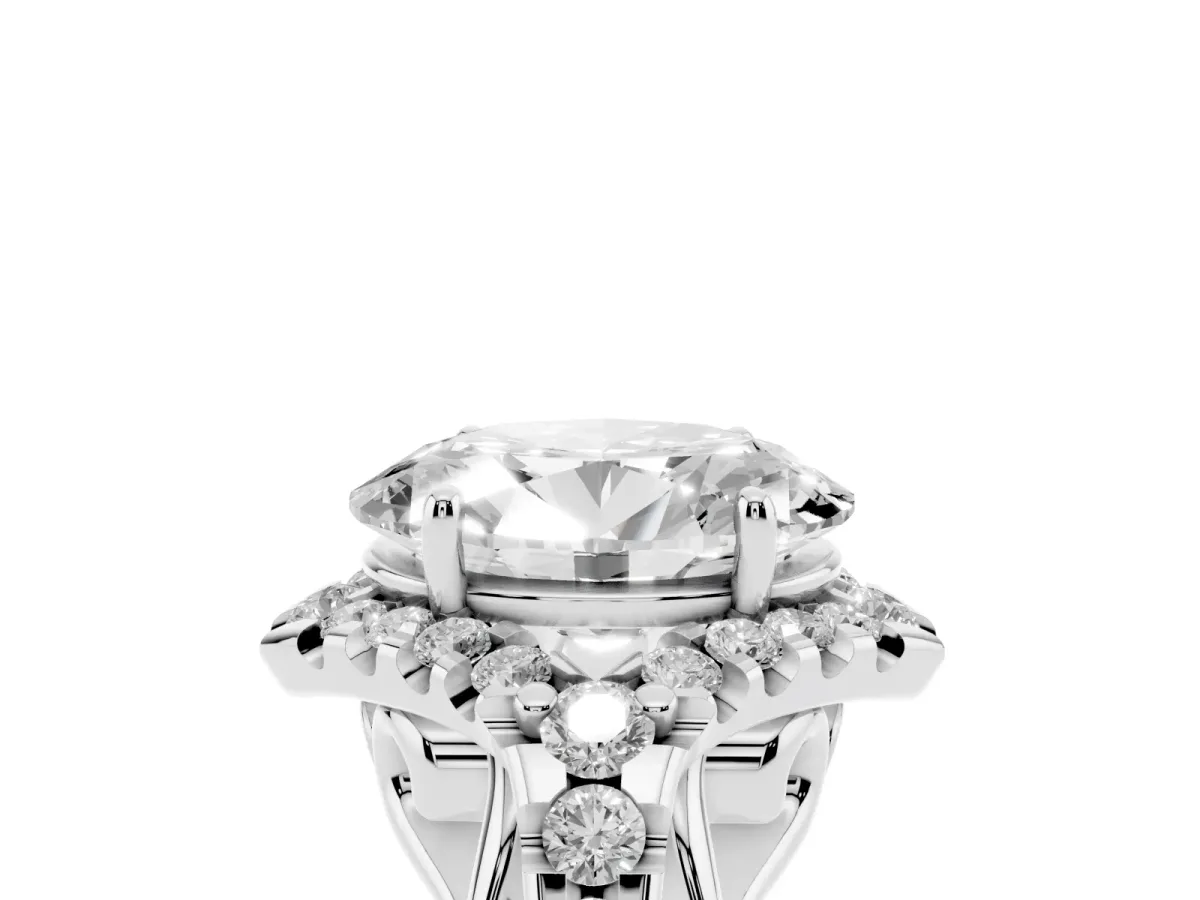 Oval Cut Diamond Solitaire Ring with Hidden Halo and Pavé Band Silver