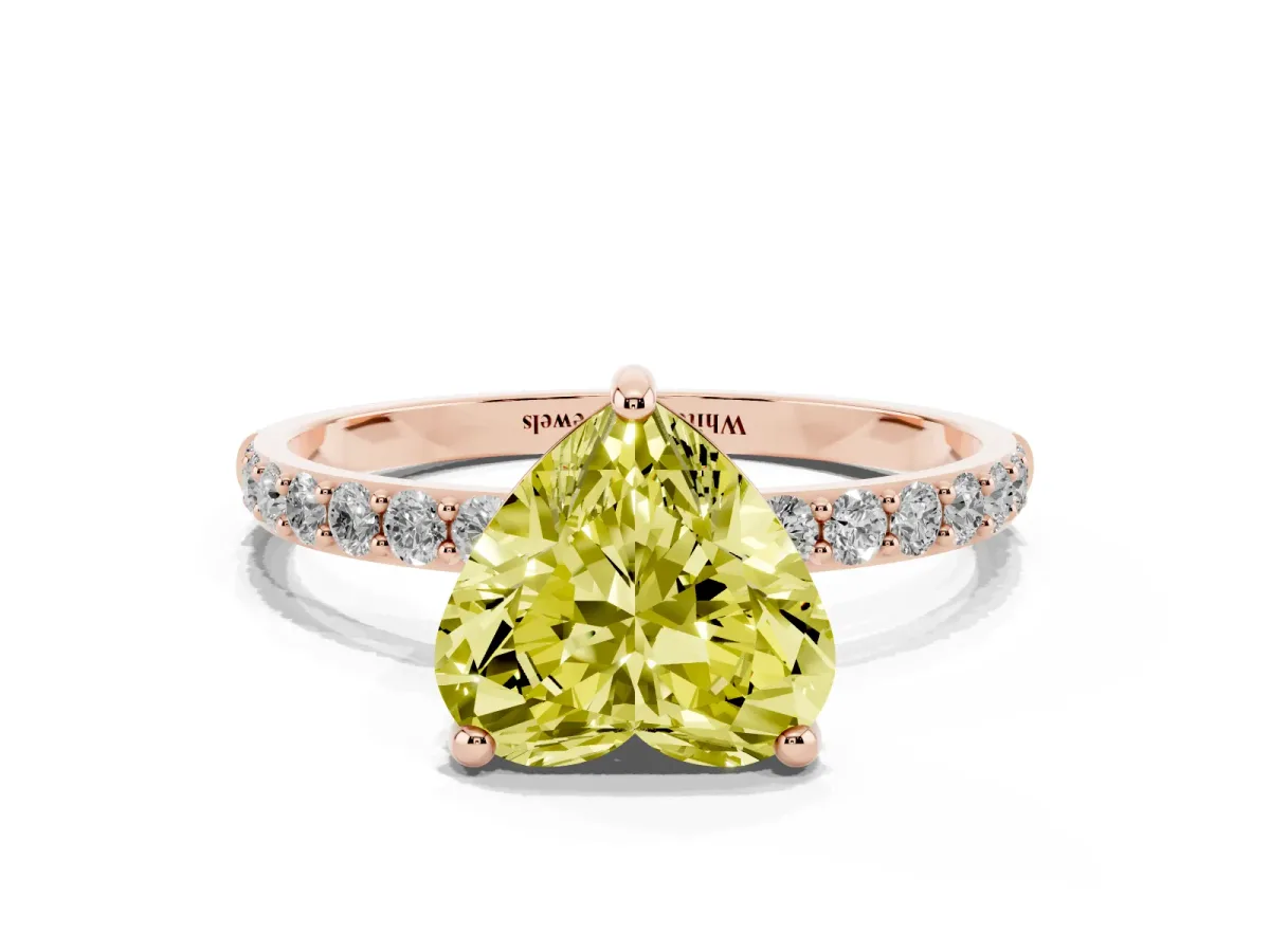 Fancy Yellow Heart Cut Diamond Solitaire Ring with Round Pavé Band and Prong Setting Rose gold