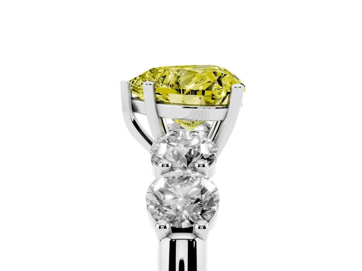 Fancy Yellow Heart Cut Cut Five-Stone Prong Set Diamond Ring with Classic Band Silver