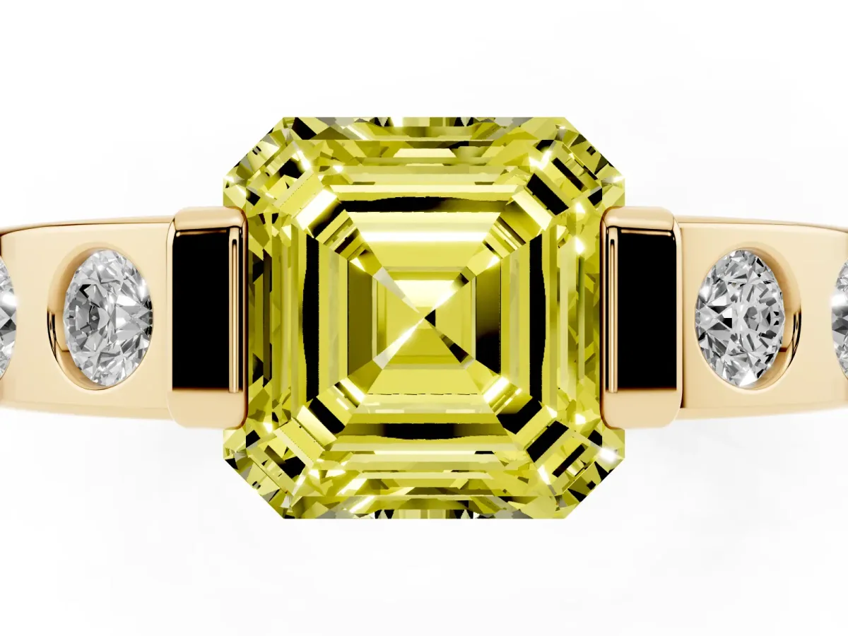 Fancy Yellow Asscher Cut Brilliant Channel-Set Diamond Ring with Bezel Prong Setting Yellow gold