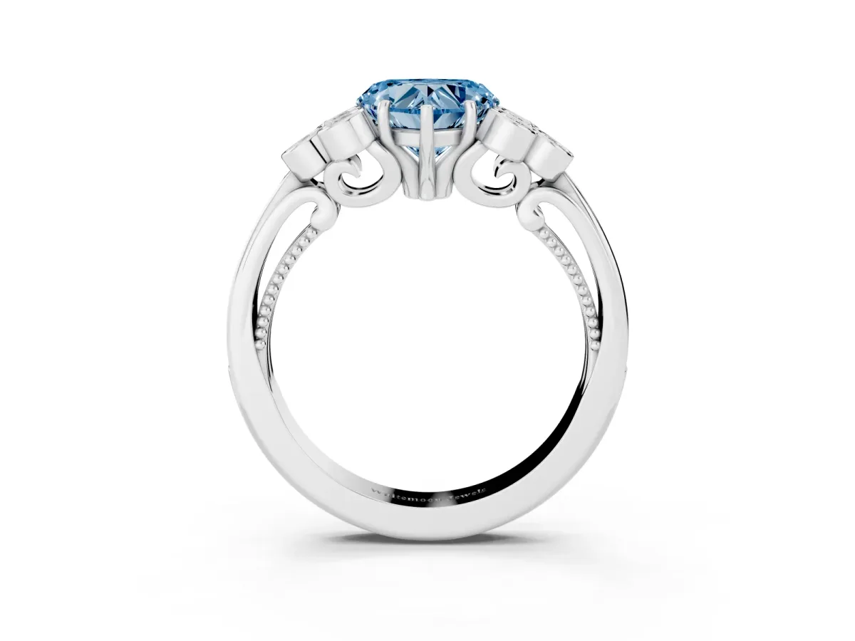 Fancy Blue Heart Cut Cut Diamond Engagement Ring with Bezel Set Round Side Stones and Prong Setting Silver