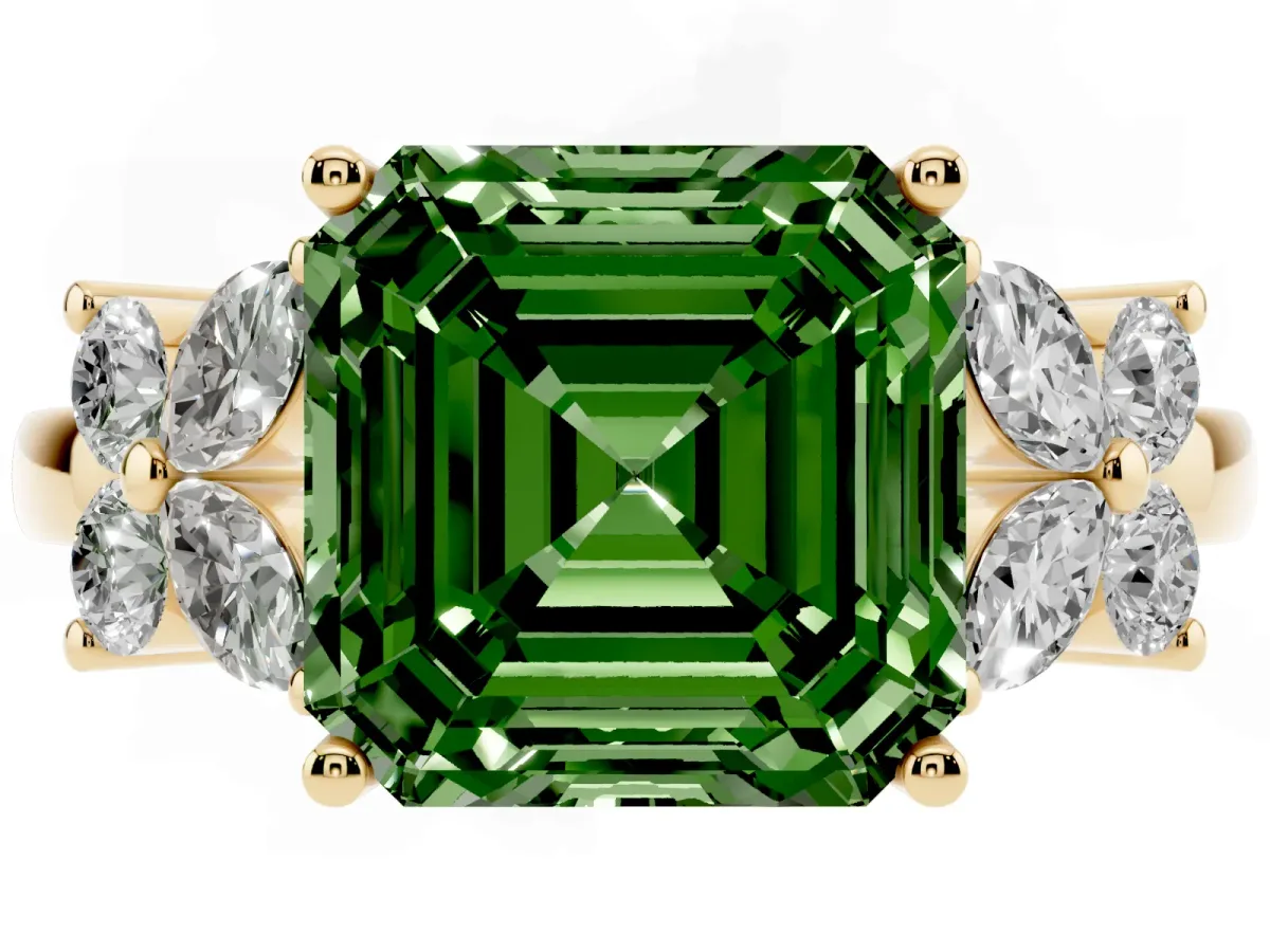 Fancy Green Asscher Cut Diamond Floral Cluster Ring with Solitaire Band and Prong Setting Yellow gold