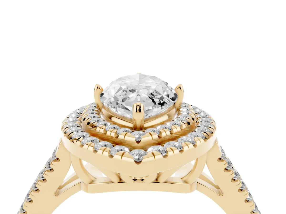 Marquise Cut Diamond Double Halo Ring with Pavé Band and Prong Setting Yellow gold