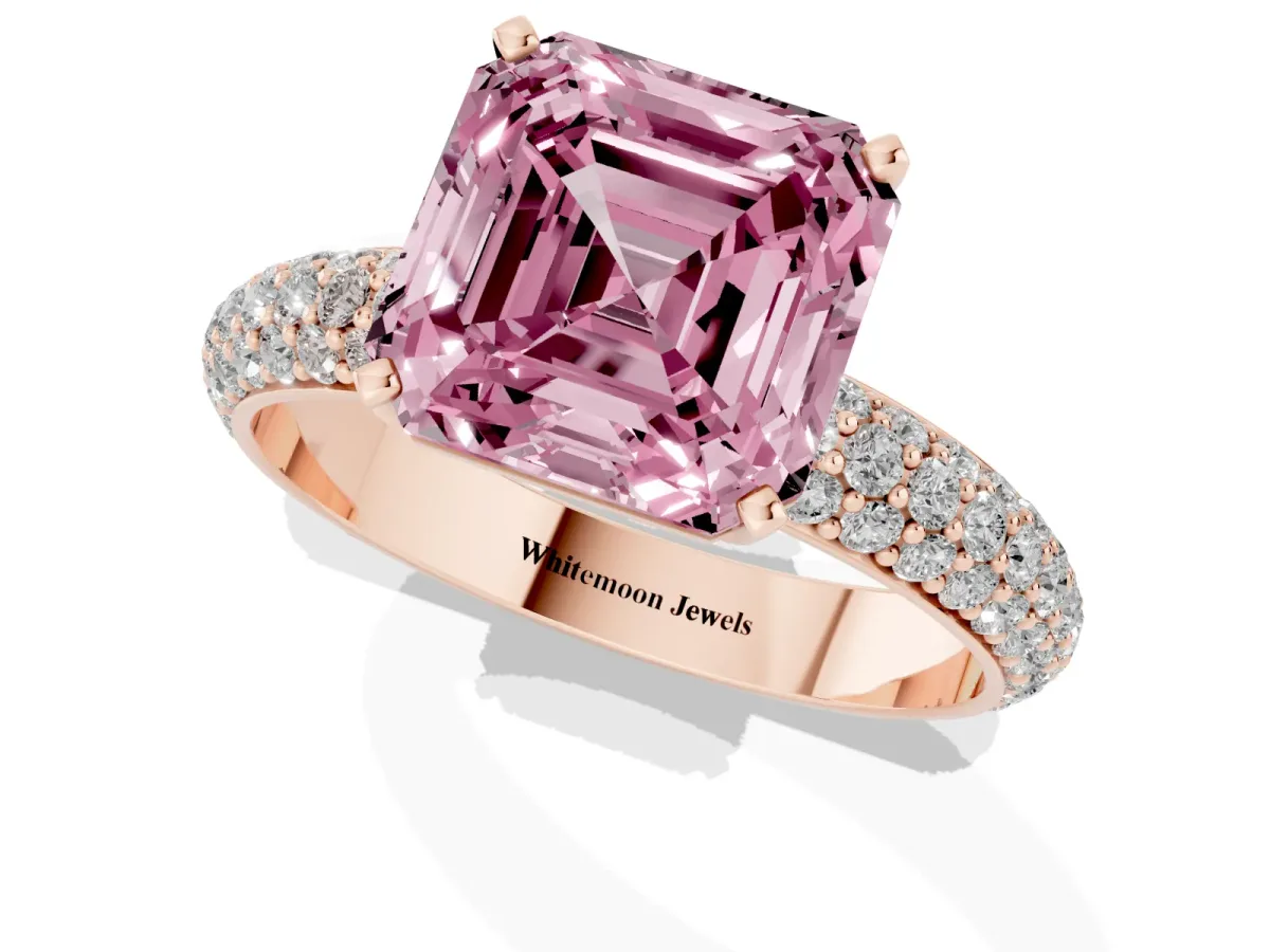 Fancy Pink Asscher Cut Diamond Solitaire Ring with Prong Setting and Pavé Band Rose gold