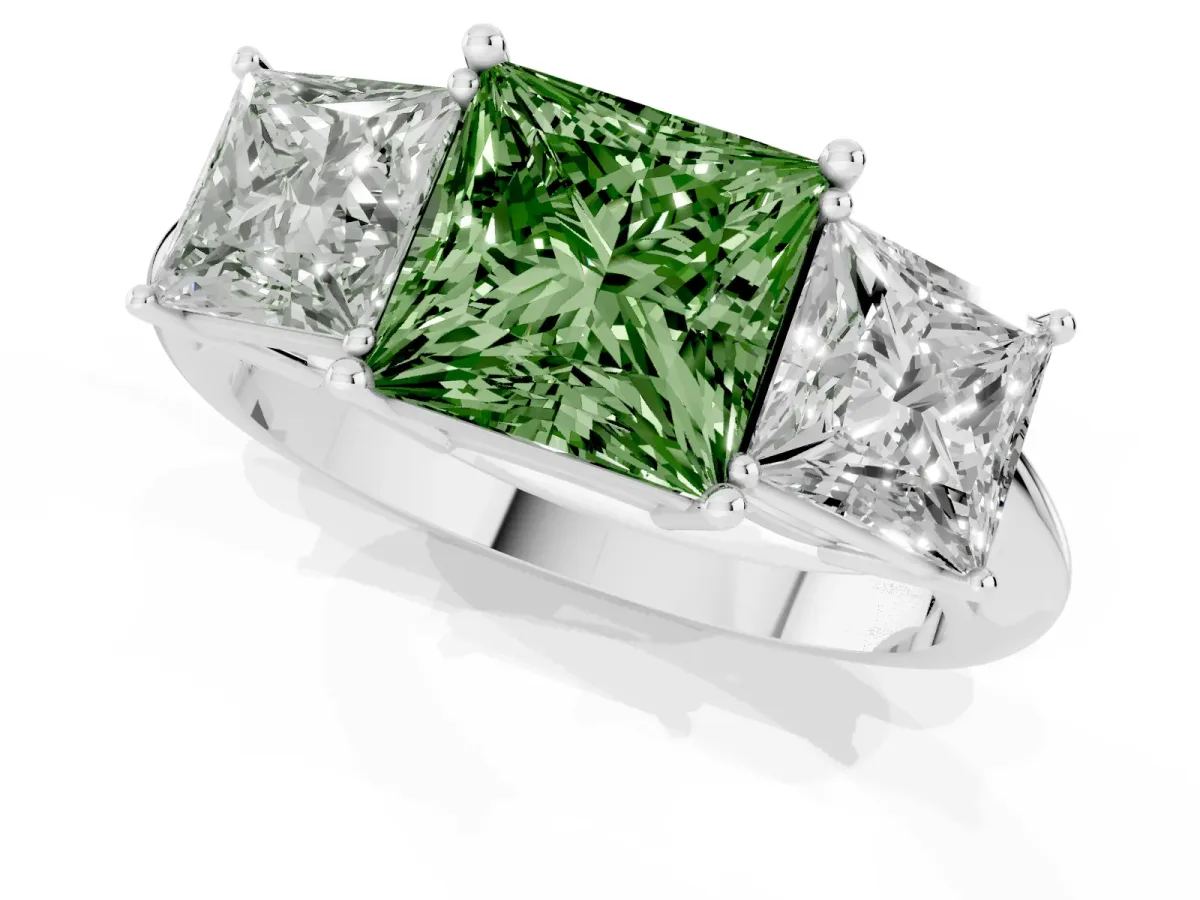 Fancy Green Three-Stone Princess Cut Cut Diamond Engagement Ring with Prong Setting on a White Gold Band White gold