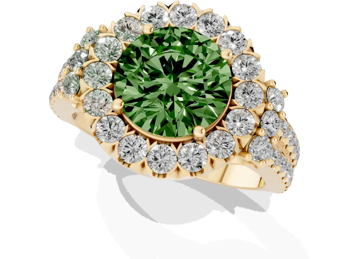 Fancy Green Round Cut Cut Double Halo Diamond Engagement Ring with Pave Band and Four-Prong Setting Yellow gold