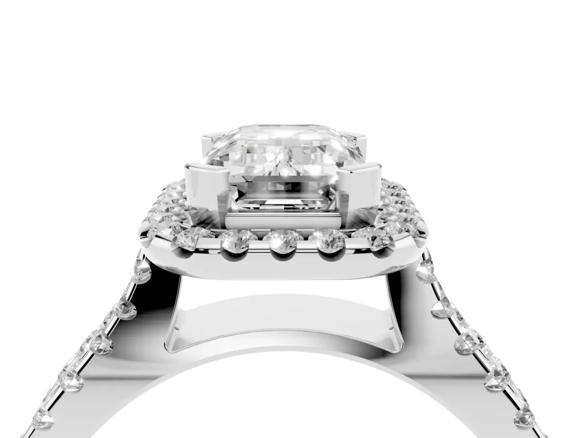 Emerald Cut Diamond Halo Ring with Split Shank Pavé Band and Prong Setting Platinum