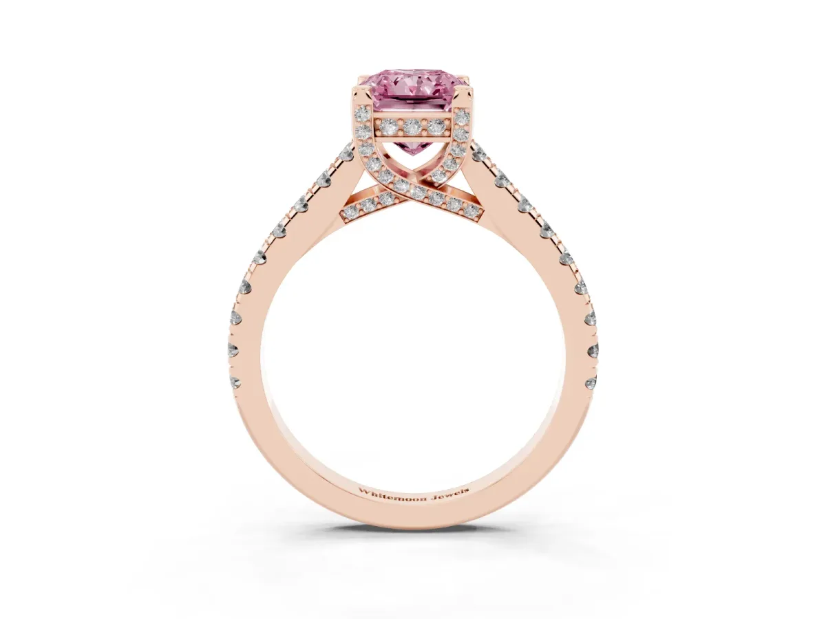 Fancy Pink Radiant Cut Brilliant Diamond Solitaire with Pavé Band and Four-Prong Setting Rose gold