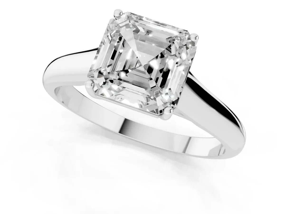 Asscher Cut Solitaire Engagement Ring with Tapered Band and Four-Prong Setting Silver
