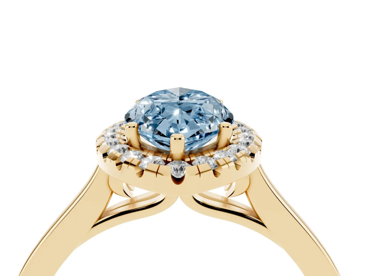 Fancy Blue Marquise Cut Halo Round Diamond Solitaire Ring with Pavé Band and Four-Prong Setting Yellow gold