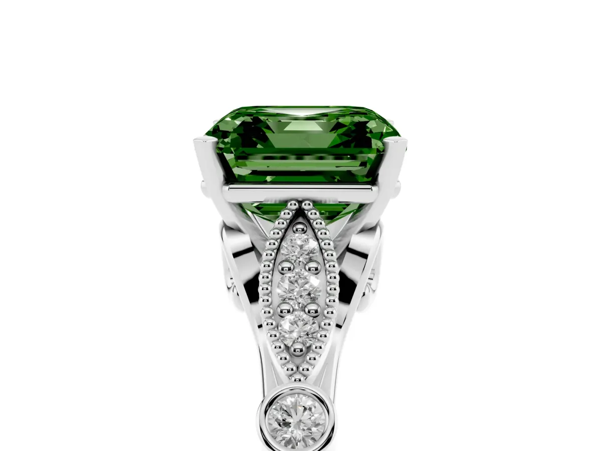 Fancy Green Asscher Cut Cut Diamond with Milgrain Marquise and Bezel Accents on a Solitaire Band with Prong Setting Platinum