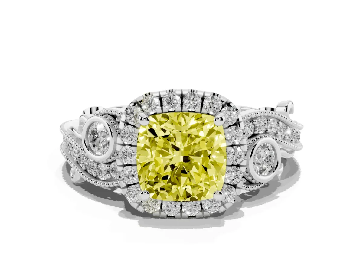 Fancy Yellow Cushion Cut Halo Diamond Ring with Milgrain and Bezel Accents on a Split Shank Band Platinum