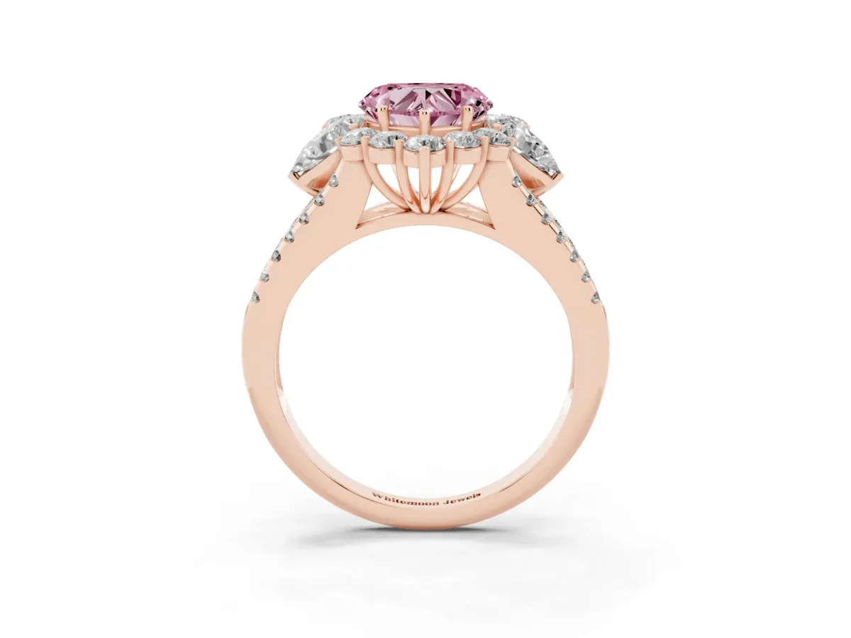 Fancy Pink Heart Cut Halo Split Shank Diamond Engagement Ring with Prong Setting Rose gold