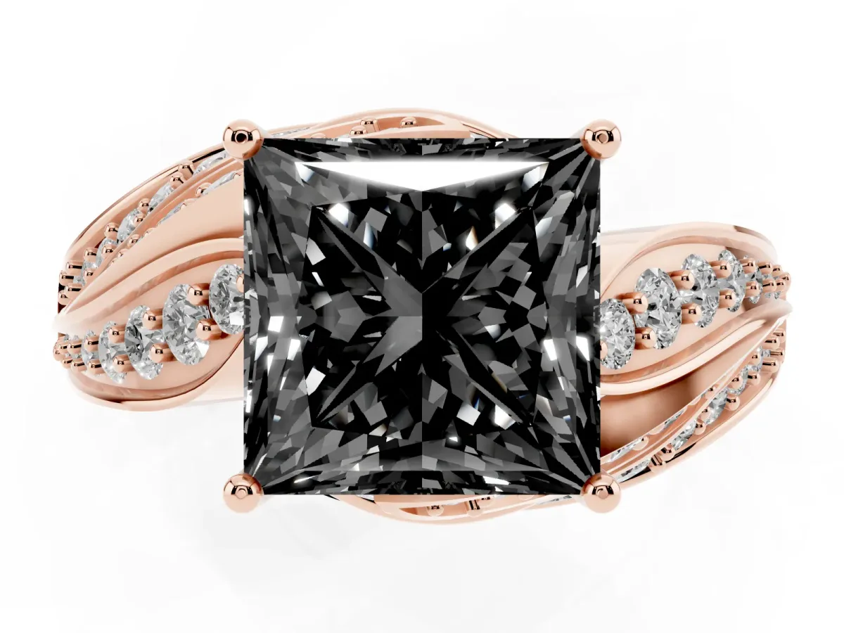 Fancy Black Princess Cut Diamond Solitaire Ring with Prong Setting and Twisted Pavé Band Rose gold
