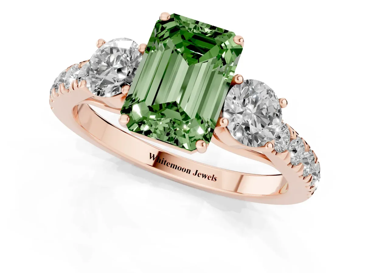 Fancy Green Emerald Cut Cut Diamond Three-Stone Ring with Round Side Stones and Pavé Band Rose gold