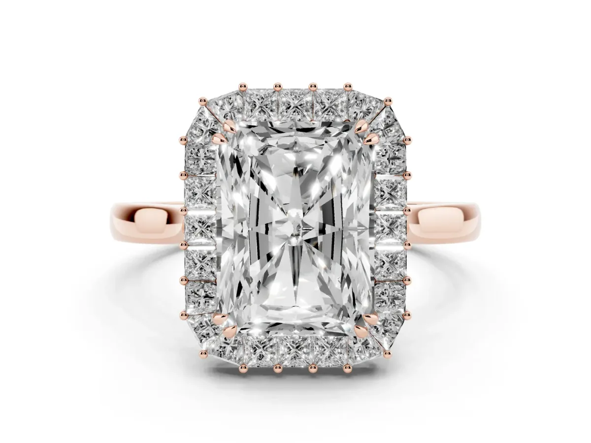 Radiant Diamond Baguette Halo Engagement Ring Rose gold