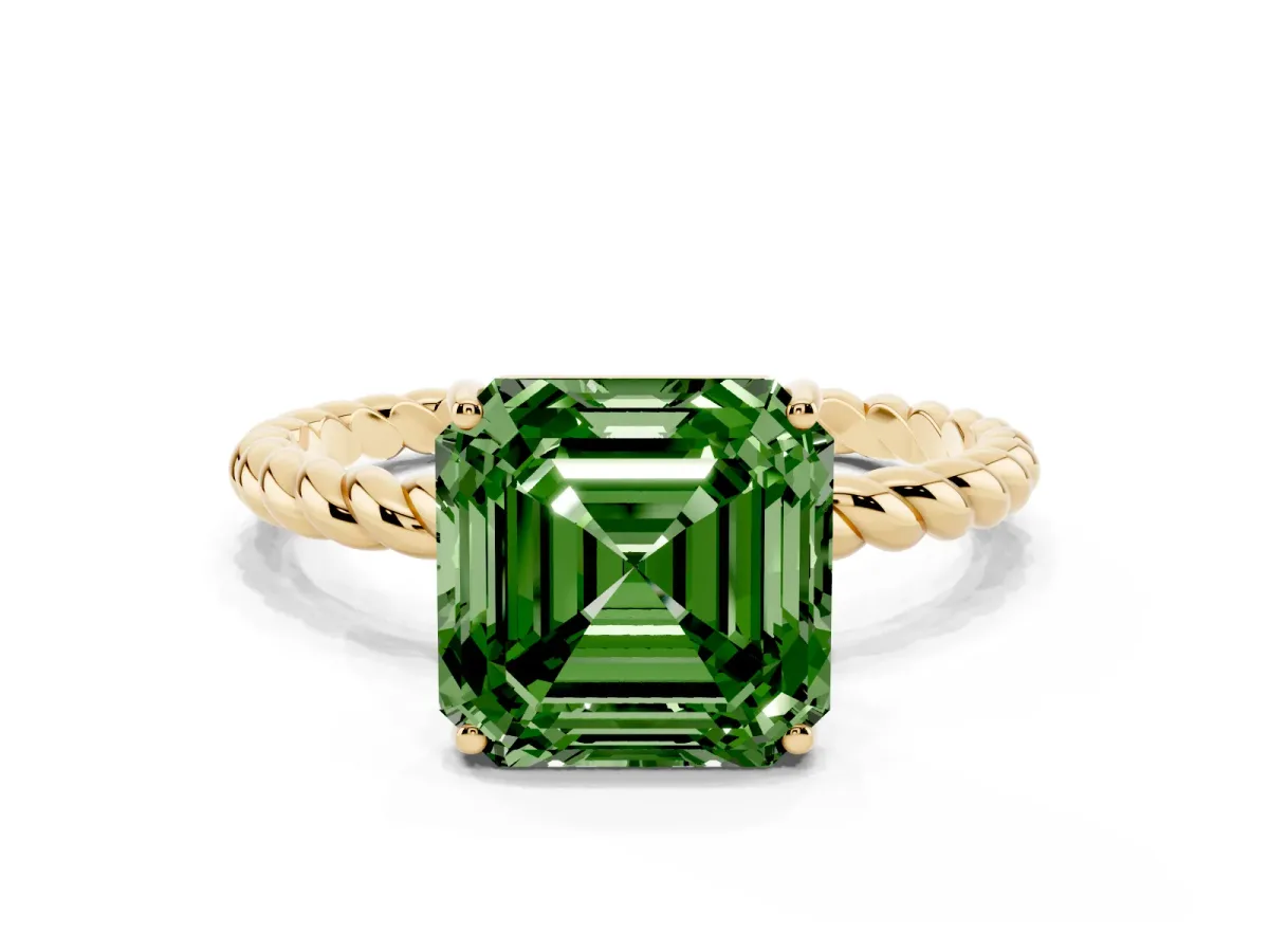 Fancy Green Asscher Cut Solitaire Twist Band Ring with Four-Prong Setting Yellow gold